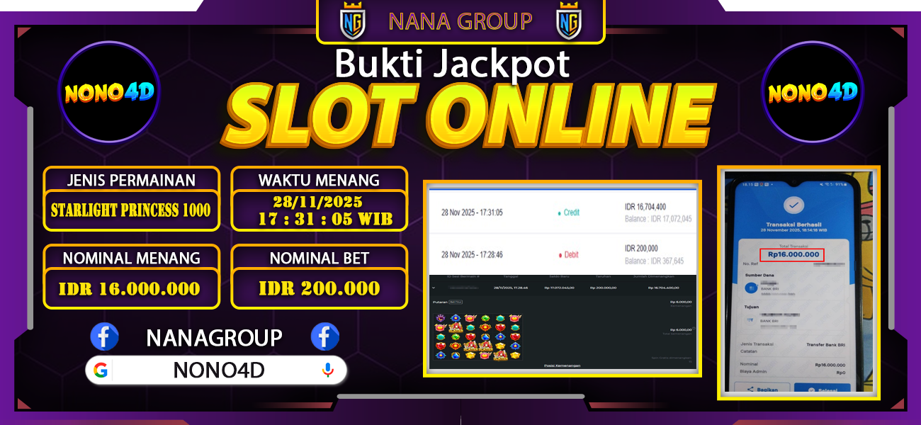 Bukti Kemenangan Besar Dibayar lunas Member NONO4D RP 16.000.000, 28 November 2025